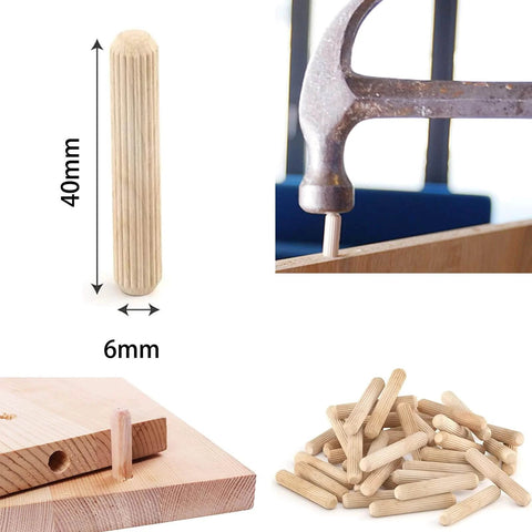 Dowel Pins One Quarter Inch By One And A Half Inch Fluted Hardwood Pegs For Woodworking And Model Building 100 Pack Pro Grade DIY Ready Heavy Duty For Strong Joints And Superior Glue Adhesion, showing measurements and application.