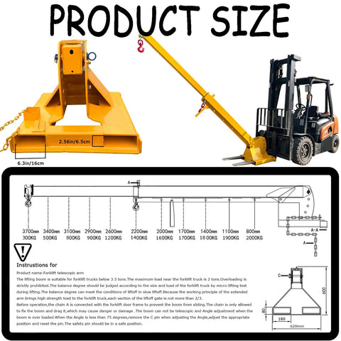 Beefy 6600 LB Forklift Jib Boom Crane Attachment With Extra Tough Steel Body shown with measurements and forklift connection.