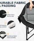Oversized Camping Chair For Adults With Cup Holder And Side Pocket showing durable 600D fabric and soft padding