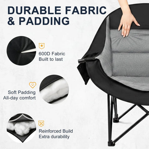 Oversized Camping Chair For Adults With Cup Holder And Side Pocket showing durable 600D fabric and soft padding
