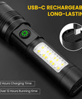 Beast Mode 99000 Lumen USB Rechargeable Flashlight showing LED lights and USB-C charging port
