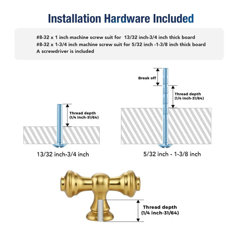 Installation hardware for 10 Pack Single Hole Brushed Antique Brass Cabinet Handles And Zinc Drawer Pulls, screw sizes shown.