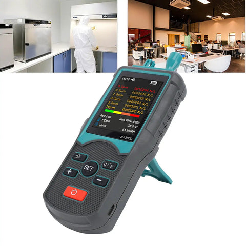 Grab And Go Handheld Dust Particle Counter Monitors Aerosol Density Checks Pm25 Plus Pm10 For Cleanrooms With Fast Digital Readouts showing data on screen.