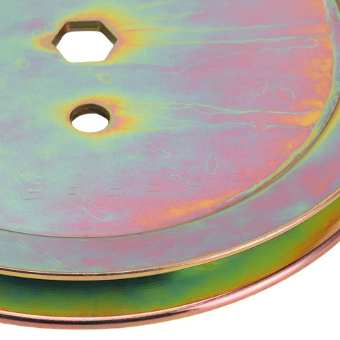 Top Quality Spindle Pulley For GX20367 Fits D105 And D110 Lawn Mowers Rock Solid Steel Durability Upgrade Your Deck Right Now close-up of steel pulley with hex hole.