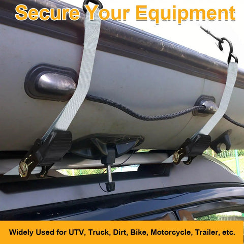 Heavy Duty Ratchet Tie Down Straps Set With 1650Lb Break Strength securing equipment on vehicle rack