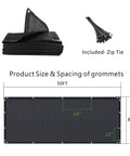 Privacy Screen Fence Netting 8 Feet By 50 Feet Black Heavy Duty Mesh Shade Cover with dimensions, zip ties, and grommets shown