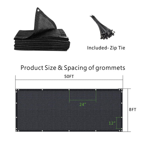 Privacy Screen Fence Netting 8 Feet By 50 Feet Black Heavy Duty Mesh Shade Cover with dimensions, zip ties, and grommets shown