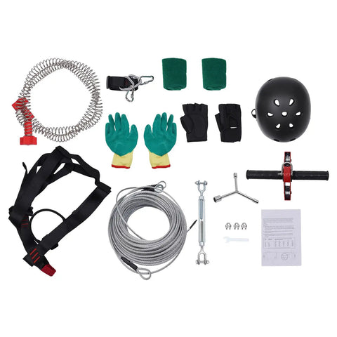 Components of a Backyard Zipline Kit with Iron Cable and Trolley, stainless steel spring brake, safety harness, helmet, and seat.