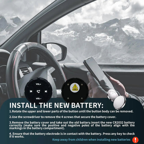 Waterproof Bluetooth Media Button Remote For Car, showing installation instructions on steering wheel with phone