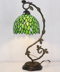 Green Tiffany Style Stained Glass Desk Lamp With Wisteria Pattern, 21 Inch Tall Table Light, Metal Leaf Base In Bronze Finish