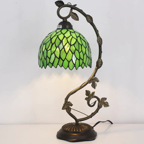 Green Tiffany Style Stained Glass Desk Lamp With Wisteria Pattern, 21 Inch Tall Table Light, Metal Leaf Base In Bronze Finish
