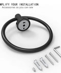 Matte Black Towel Ring And Hand Towel Holder For Bathroom And Kitchen, Modern Rounded Base Wall Mount In SUS304 Stainless Steel with hardware