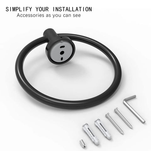 Matte Black Towel Ring And Hand Towel Holder For Bathroom And Kitchen, Modern Rounded Base Wall Mount In SUS304 Stainless Steel with hardware