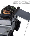 Gear Up For All Terrain RC Crawler Cargo Upgrade Kit For 1 18th TRX4M And 1 24th SCX24 with roof awning, luggage, and bag.