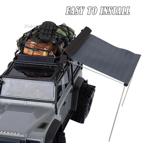 Gear Up For All Terrain RC Crawler Cargo Upgrade Kit For 1 18th TRX4M And 1 24th SCX24 with roof awning, luggage, and bag.