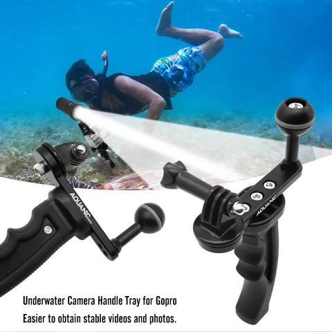 Underwater Camera Tray Bracket with Waterproof Housing and Handheld Grip for GoPro Cameras shown during snorkeling.