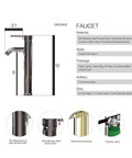 Faucet dimensions and material details for Dope Boat Shape Glass Vessel Sink With Faucet and Pop Up Drain in Bluish Grey Crystal.