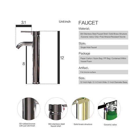 Faucet dimensions and material details for Dope Boat Shape Glass Vessel Sink With Faucet and Pop Up Drain in Bluish Grey Crystal.