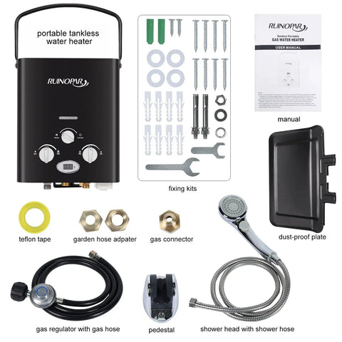 On Demand Portable Propane Tankless Water Heater 6L 1.57GPM with accessories and digital display, black, 42000 BTU/h