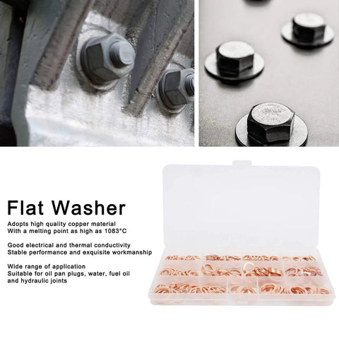 Top Grade Copper Washer Assortment Kit For Auto Repair Shops Featuring 300 Pieces Heat Resistant Flat Gaskets Perfect For Oil Pan Plugs Fuel Lines And Hydraulic Sealing With M5 Through M16 Sizes For Leaking Jobs, copper flat washers in storage case