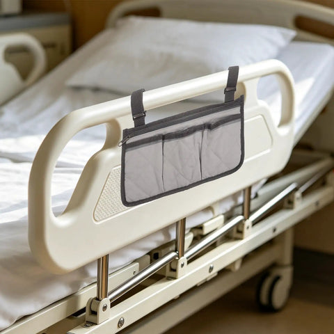 Bed Rail Hanging Organizer With Four Pockets For Bedside Essentials Grab And Go Caregiver Friendly Storage Pouch on hospital bed
