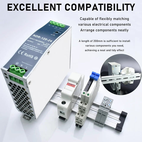 Heavy Duty Aluminum DIN Rail Slotted 35mm Wide 7.5mm High 8 Inch Long Universal Mount Kit with electrical components installed