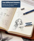 0.7Mm Metal Mechanical Pencil For Drafting And Art Pro Grade Sketching Tool With Eraser And 60 HB Lead Refills Comfortable Anti Slip Grip Durable Studio Workhorse For Artists Students Office And School Projects shown on sketchpad with erasers