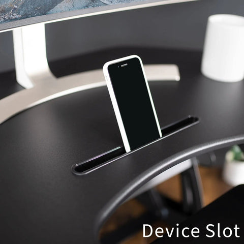 Device slot on 43 Inch Corner Height Adjustable Desk Converter For Sit To Stand Workstation With Dual Monitor Riser, Black Tabletop Stand Up Desk, V Series For Home Office Use