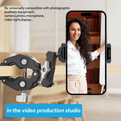 Heavy Duty Clamp Mount With 360 Degree Ballhead securing smartphone to desk