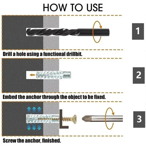 Self Drilling Drywall Anchor Screws Kit 150pcs With Yellow Zinc Plated Carbon Steel Expansion Tubes showing step 1 drill hole in drywall