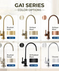 Color options for iSpring GA1-G Drinking Water Faucet, Brushed Gold, Lead-Free Brass, including Antique Brass and Oil Rubbed Black.