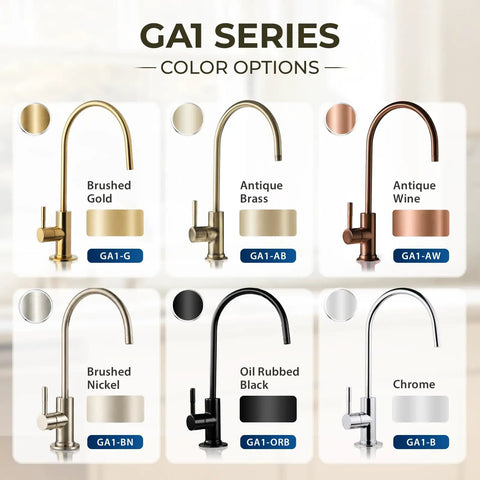 Color options for iSpring GA1-G Drinking Water Faucet, Brushed Gold, Lead-Free Brass, including Antique Brass and Oil Rubbed Black.