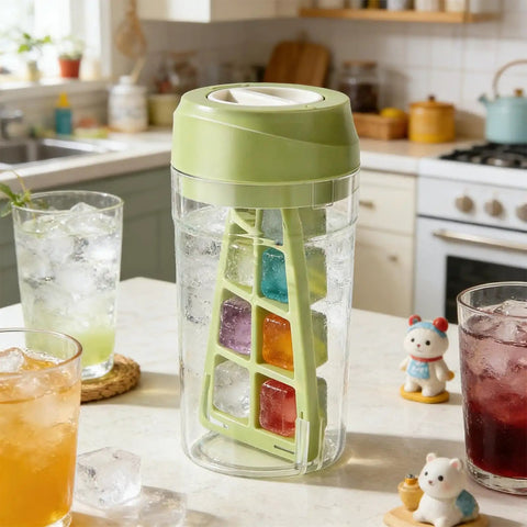 No Sweat Deep Chamber Ice Molds With Spin Top Silicone Lid Crafting Crisp Whiskey Cubes on a kitchen counter with drinks.