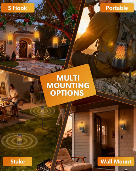 Outdoor Bluetooth Speaker Set With Flame Ambience LEDs Waterproof IPX6 Bluetooth 5.3 showing multiple mounting options
