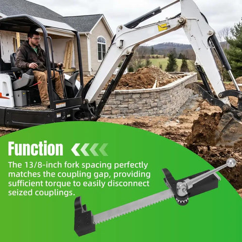Pro Grade Hydraulic Coupling Tool Built Like A Tank For Quick Disconnect Swaps On Stubborn Lines Featuring A Rock Solid 13/8 Inch Fork Spread in use with a backhoe.