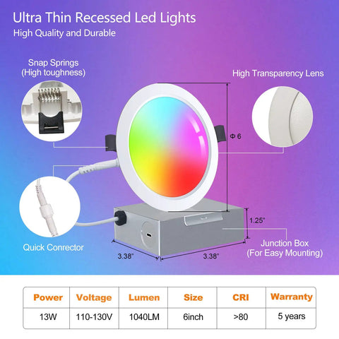 RGB LED Recessed Ceiling Lights Six Pack Dimmable Smart Downlights With App Control 6 Inch product features and dimensions.