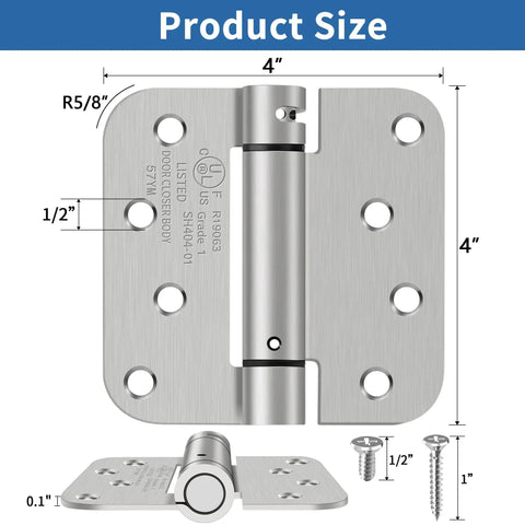 Rock Solid Self Closing Door Hinges Heavy Duty 4 Inch spring loaded hinge with 5/8 inch radius corners, shown with dimensions and screws.
