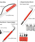 Close-up of bike chain whip, L shaped auxiliary wrench, hex key wrench, and accessories from the 42 Piece Bike Repair Kit For Mountain, Dirt, And Road Bikes With Storage Case Tire Patch Kit, Pedal Wrench, Chain Whip, Wrenches, Levers, Rivet Extractor, Hex Keys, And Must-Have Tools For Quick Maintenance.