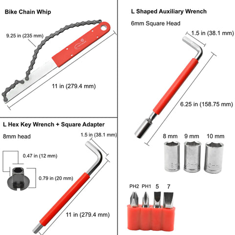 Close-up of bike chain whip, L shaped auxiliary wrench, hex key wrench, and accessories from the 42 Piece Bike Repair Kit For Mountain, Dirt, And Road Bikes With Storage Case Tire Patch Kit, Pedal Wrench, Chain Whip, Wrenches, Levers, Rivet Extractor, Hex Keys, And Must-Have Tools For Quick Maintenance.