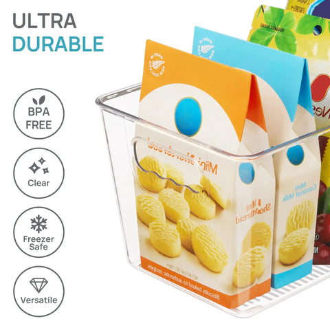 Clear Storage Bins With Handles Six Pack For Pantry Organization And Storage Plastic Bins holding packaged goods