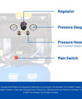 Control panel of Whisper Quiet 26 Gallon Vertical Air Compressor 175 Psi Oil Free Electric workshop beast with regulator and gauges.