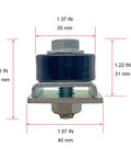 Front view of Trolley Assembly Limiter For One And Five Eighths Inch Wide Strut Channel with measurements, includes washers, Pack Of 2