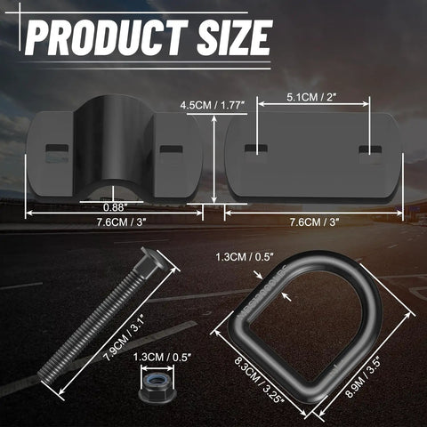 Heavy Duty 1 2 Inch D Ring Tie Down Anchors 4 Pack Black Forged Steel dimensions on product size chart with detailed measurements.