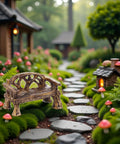 Set Of 2 Miniature Resin Garden Benches For Fairy Village Dollhouse Decor placed in a lush garden path among mushrooms