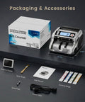 K08 Money Counter Machine With 3.8 Inch Value Display For USD And EUR, UV MG IR DD VI FA Counterfeit Detectors with accessories