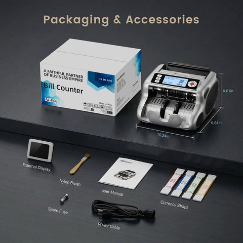K08 Money Counter Machine With 3.8 Inch Value Display For USD And EUR, UV MG IR DD VI FA Counterfeit Detectors with accessories