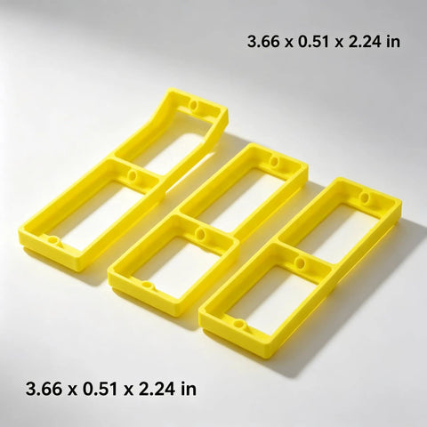Single Gang Outlet Box Extender One Quarter Inch Snap On Wall Plate Gap Filler in yellow, measures 3.66 x 0.51 x 2.24 in.
