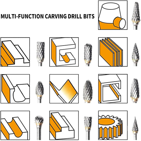 Rotary Burr Set 10 Piece Tungsten Carbide Double Cut Bits For Woodworking Engraving And Carving Grinder Tool Heads with diagrams