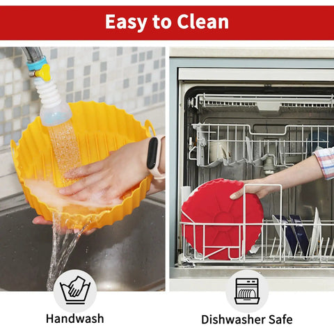 Two Pack Air Fryer Silicone Liners 8.5 Inch Fits 5 To 8 Qt shown in yellow being hand washed and red in dishwasher.