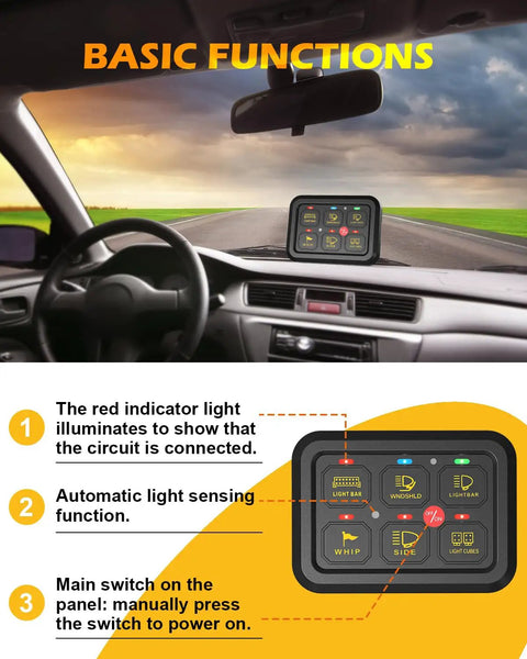 Beefy Six Gang Switch Panel With Electronic Relays For DC12V Systems, 60A Max, 720W, shown installed in car dashboard